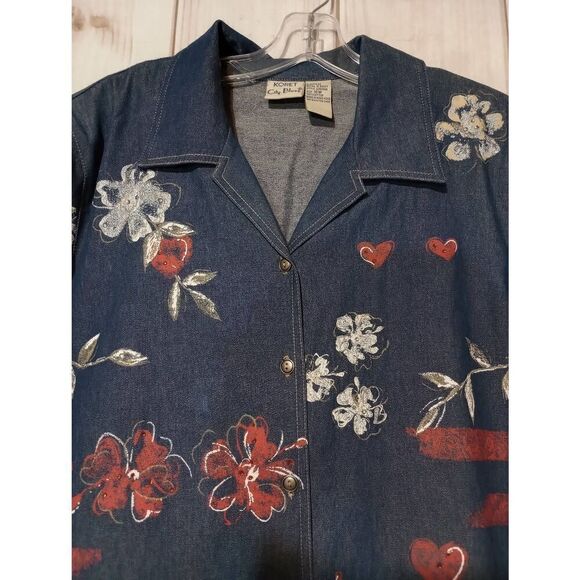 Koret City Blues Shirt Ladies 16W Chambray Button Front Blue Red Hearts Painted - Picture 3 of 7